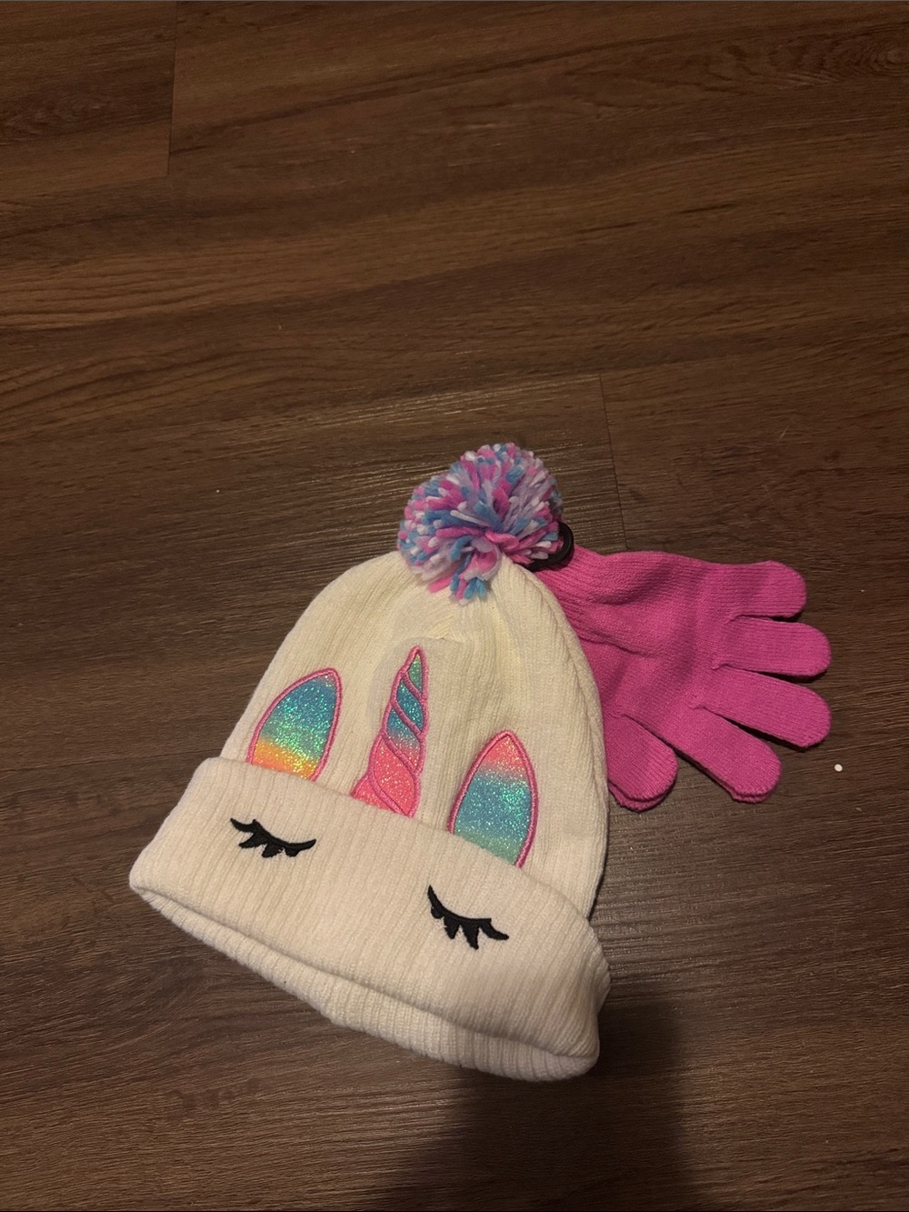 Kids New Unicorn Pom Pom Beanie and Gloves Set - White and Pink